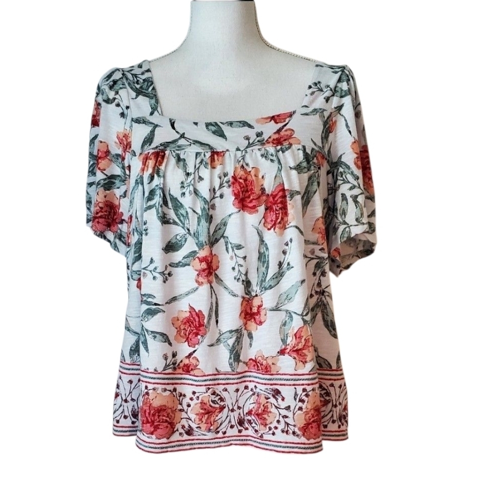 Lucky Brand White Floral Boho Peasant Blouse with Red and Green Accents Size L